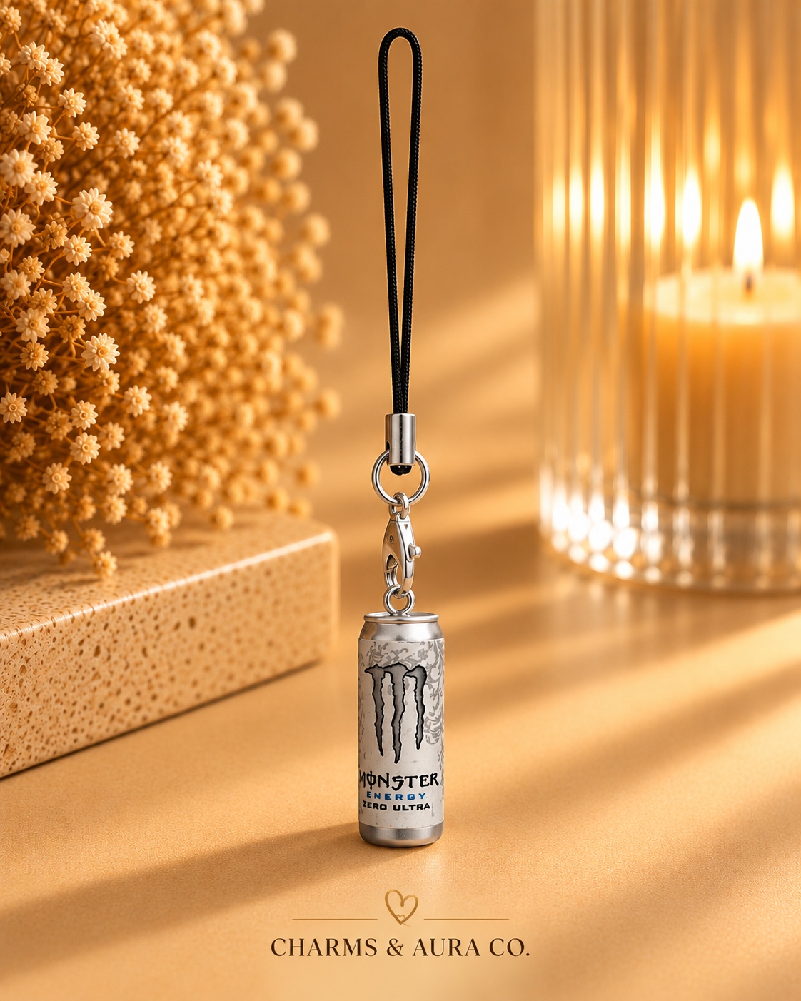 Silver Energy Drink Can Bag Charm & Keychain with Black Wrist Strap