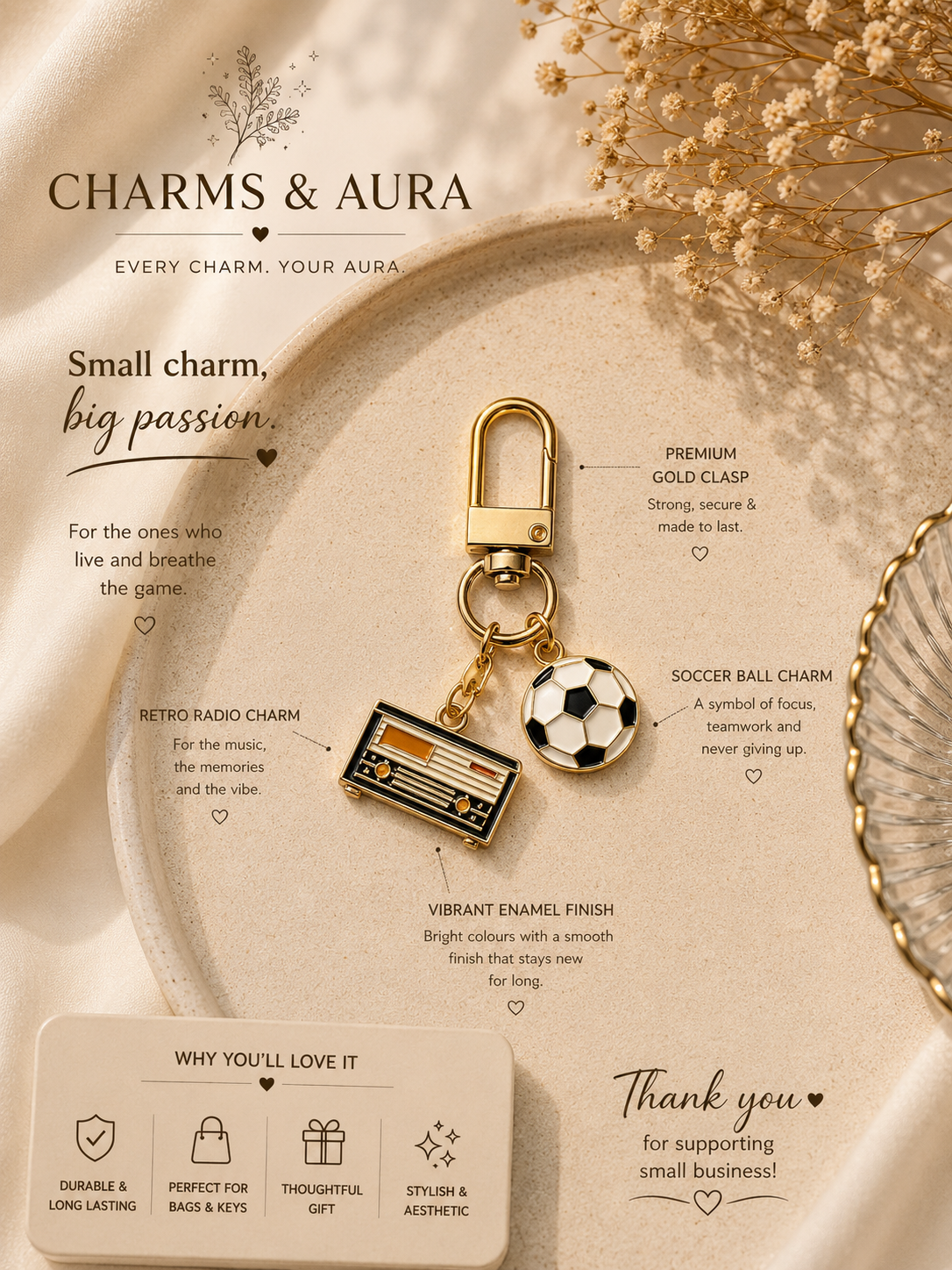 Premium Gold Soccer Ball & Retro Radio Double Charm Keychain for Bags
