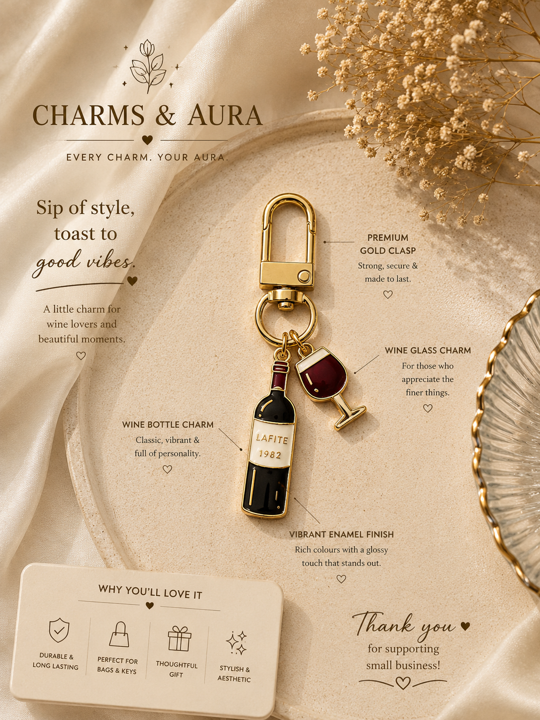 Wine Bottle & Wine Glass Double Charm Keychain for Bags