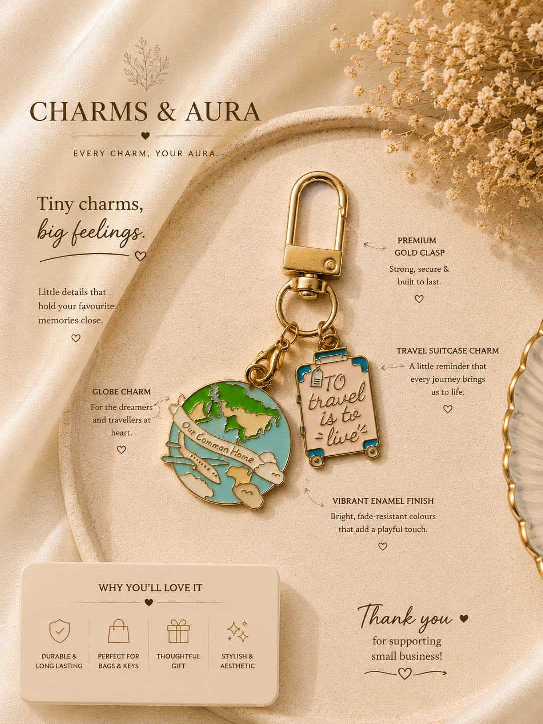 Travel Globe & Suitcase Double Charm Keychain for Bags