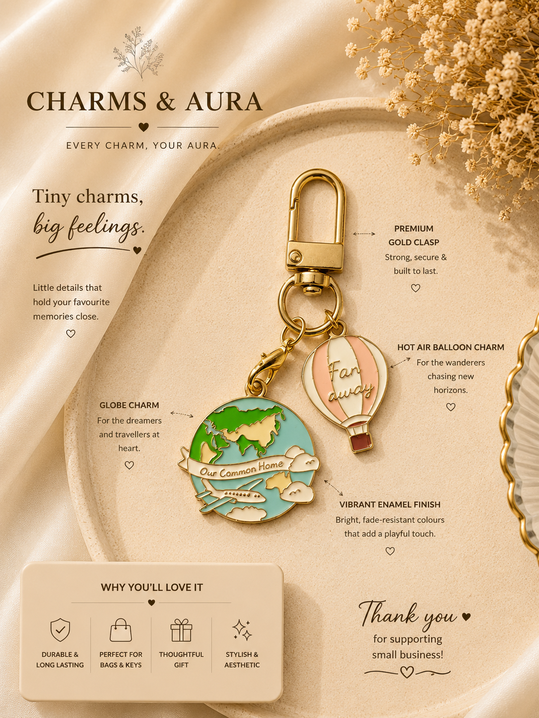 Travel Globe & Hot Air Balloon Double Charm Keychain for Bags