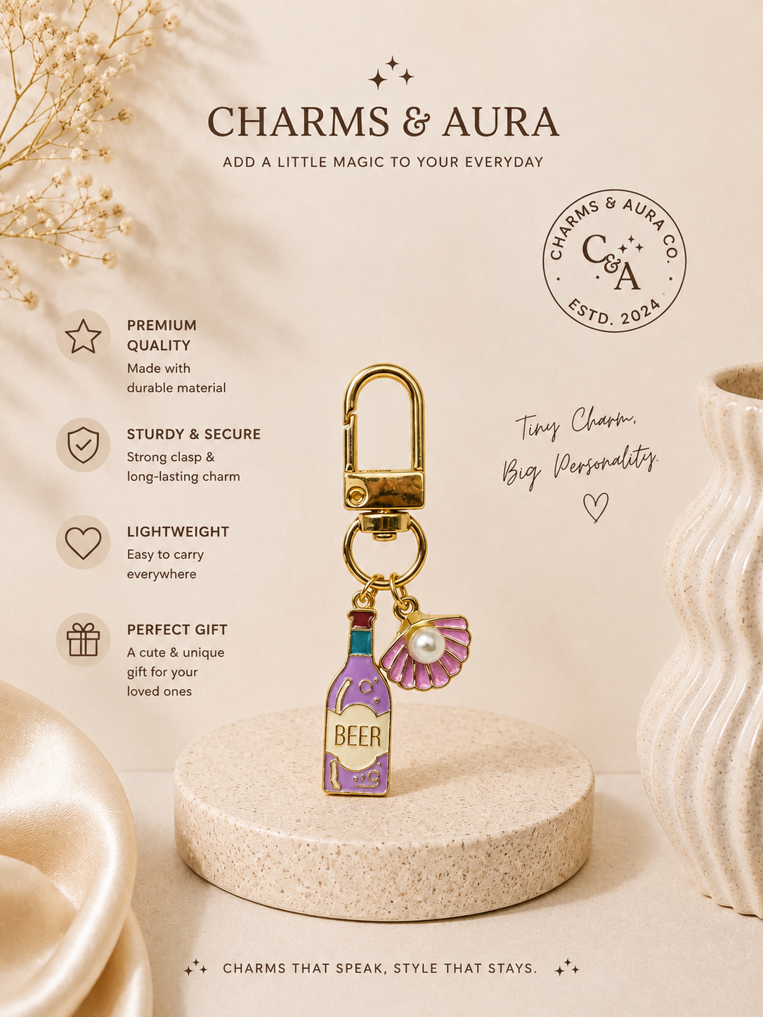 Purple Bottle & Pink Shell Charm Keychain