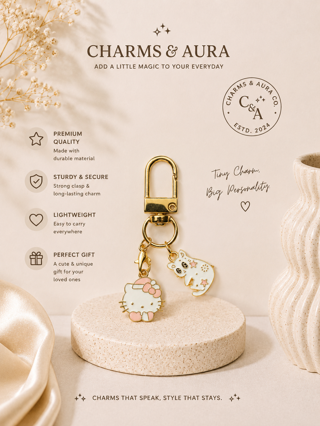 Cute Cat Duo Charm Keychain – Pink Bow & Kawaii Cat Charms