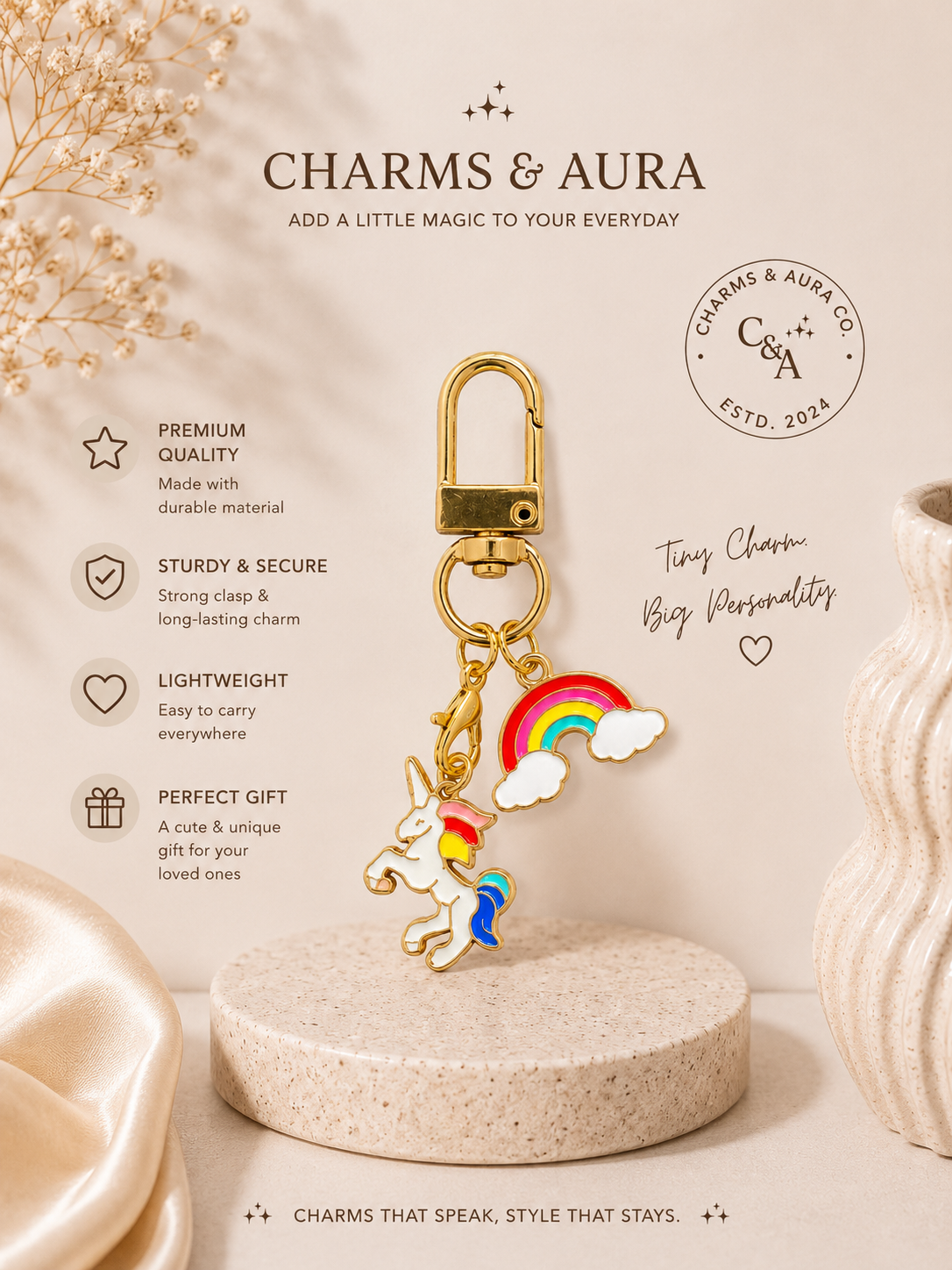 Rainbow & Unicorn Charm Keychain – Colorful Fantasy Duo