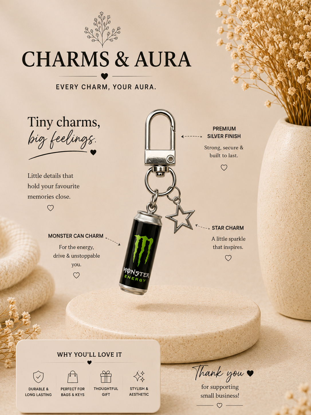 Black Energy Can & Silver Star Charm Keychain