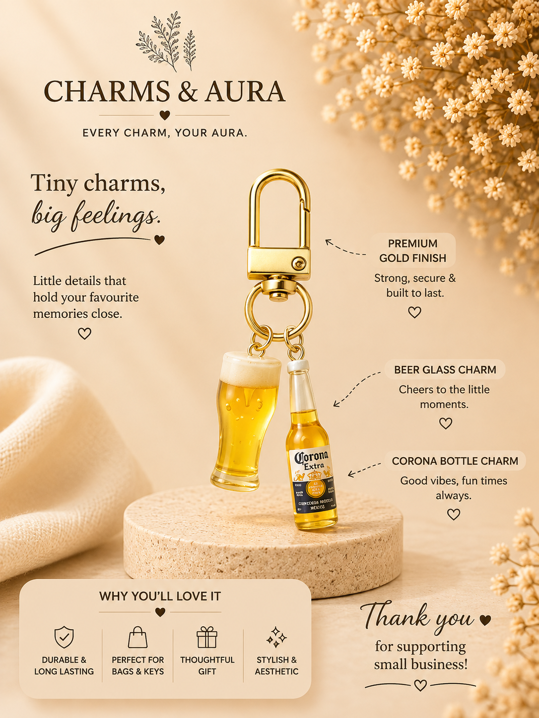 Golden Beer Glass & Bottle Charm Keychain – Cheers Duo
